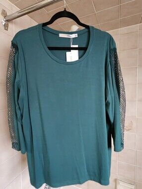 NWT Emerald Green Long Sleeve Tee with Jewel Mesh Accents Size XL